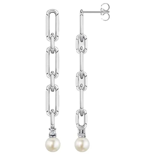 Thomas Sabo Ohrring Glieder mit Perle aus 925er Sterlingsilber im Ankerketten-Design, mit weißen Süßwasserzuchtperlen und rundgeschliffenen Zirkonia-Steinen, H2206-167-14