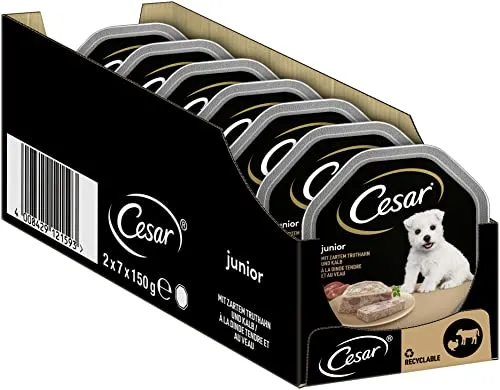 CESAR® Junior Hundefutter mit Truthahn und Kalb 14x150g - Nassfutter für Hunde, speziell für die Bedürfnisse von jungen Hunden, mit schmackhaftem Truthahn und zartem Kalb für ein besonderes Geschmackserlebnis.