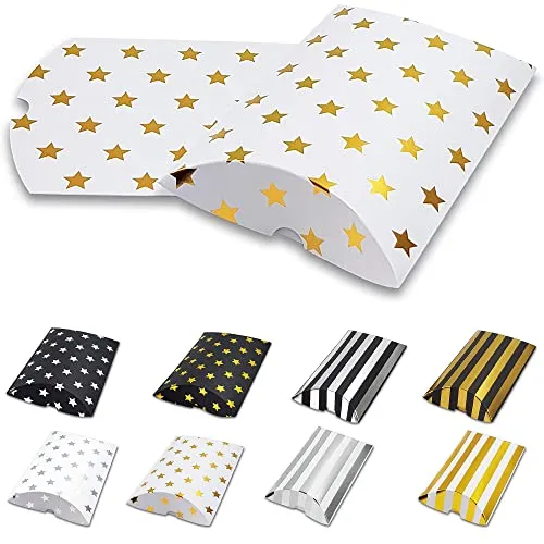 Frau WUNDERVoll® 6 Kissenschachteln matt weiß, goldene Sterne metallic 24x14cm (flach), 250g Papier/Kissenverpackungen, Pillow Box, Faltverpackung, Geschenkverpackung, Gastgeschenk, Adventskalender