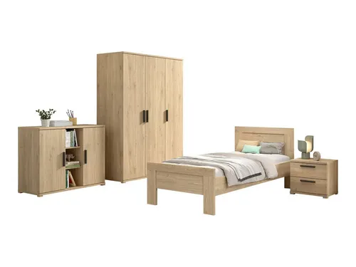 aufm Kessel Jugendzimmer-Set Keelia Eiche - Komplettset mit Bett, Schrank & Kommode - 4-teiliges Jugendzimmer-Set in modernem Eiche-Dekor, bestehend aus Bett, Nachtkonsole, 3-türigem Schrank und Kommode. Viel Stauraum und pflegeleichte Oberflächen für ein funktionales und stilvolles Kinderzimmer.