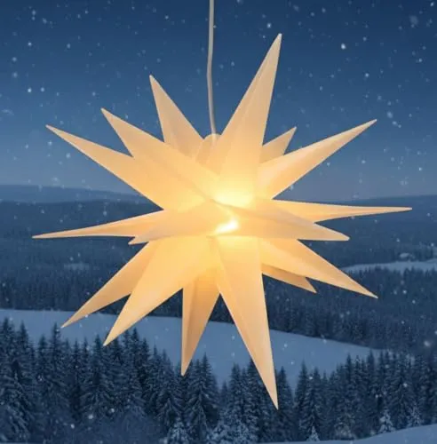GURU SHOP 3D Außenstern Kaspar, Ø 55 cm - Faltstern mit 18 Spitzen und LED Leuchtmittel - Wetterfester Weihnachtsstern für Außen mit 18 Spitzen, einfach aufzubauen. Ideal für Terrassen und Gärten, inklusive 4 m Außenleitung und energieeffizientem LED Leuchtmittel.