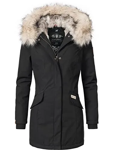 Navahoo Damen Winter Kurzmantel Cristal Schwarz XXL - Funktionsjacken - Edler, taillierter Wintermantel mit abnehmbarer Kapuze und Kunstfellrand, warm gefüttert für optimalen Komfort in der kalten Jahreszeit.