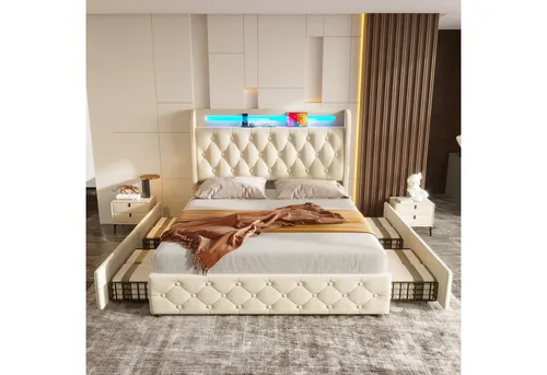 Odikalo Polsterbett 140x190 Einzelbett mit LED Kopfteil und Stauraum (mit LED-Beleuchtung und USB-Steckdose, Kopfteil mit Einlegeböden und Stauraum, Doppelflachbett mit 4 Schubladen, Samt)