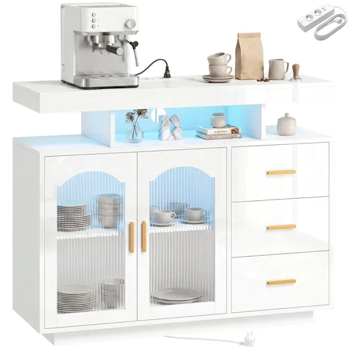 HOMCOM Sideboard Hochglanz Kommode mit LED und Steckdosen