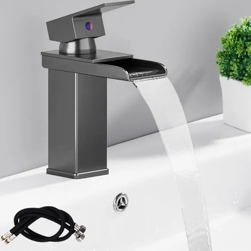 Wasserfall Wasserhahn Bad Gungrau, Waschbeckenarmatur Edelstahl Waschtischarmatur, Warm- und Kaltwasserhahn, Modern Einhebel-Mischbatterie Waschbecken für Badezimmer (60cm Rohre inklusive)