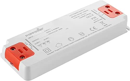 Poppstar Slim LED Trafo 12 V - Ultra flacher LED-Transformator für 30W LEDs - Transformatoren für LED-Beleuchtung, extrem flach und platzsparend, ideal für LED-Stripes und Lampen mit maximal 30W, sicher dank Kurzschluss- und Überhitzungsschutz.