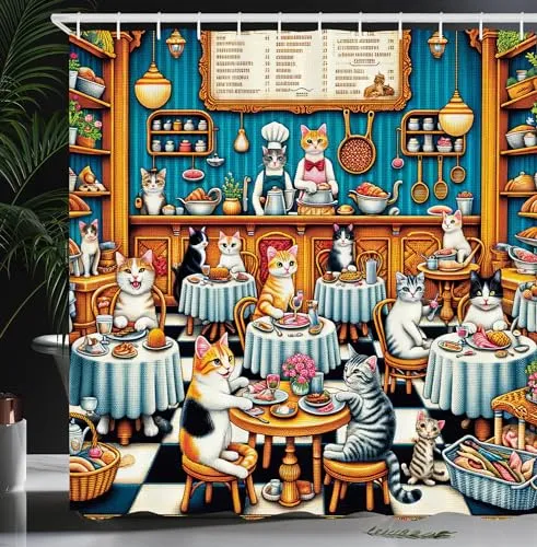 ABAKUHAUS Katze Duschvorhang, Verspielte Restaurant-Pixelkunst, Stoffliches Gewebe Badezimmerdekorationsset mit Haken, 175 x 200 cm, Meerblau Ringelblume