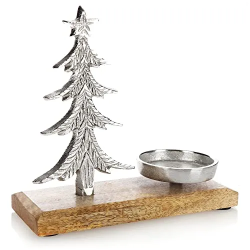 com-four® Kerzenhalter mit Deko-Figur - Dekorativer Kerzenständer aus vernickeltem Aluminium mit Mangoholz-Sockel - Teelichthalter für Kerzen Aller Art