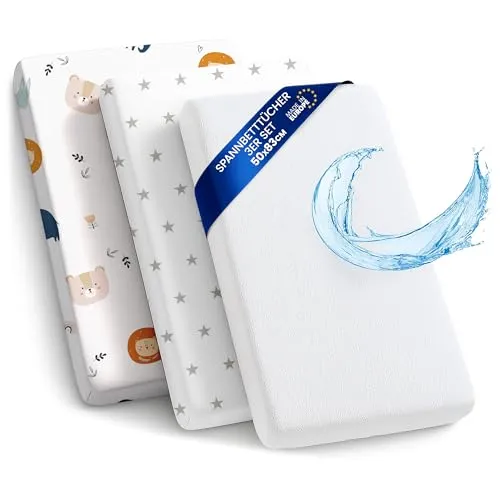 Spannbettlaken Kinderwagen 3er Set - 83 x 50 cm - Matratzenschutz für Stubenwagen & Wiegen mit wasserdichtem Matratzenschoner, der die Matratze vor Flüssigkeiten schützt und die Lebensdauer verlängert. Ideal für Beistellbetten und Kinderwagen.