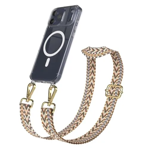 EAZY CASE Handykette - Verstellbares Taschenband kompatibel mit iPhone 17 Pro Max, Schulterriemen, Handykordel mit Silikon Hülle, Qi Charging kompatibel, Umhängetasche, Braun Gold