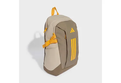 adidas Unisex Power Backpack, Khaki Six/Khaki Three/crew yellow - Stylischer Rucksack mit 26,5 l Volumen, ideal für Alltag und Freizeit. Hergestellt aus 100% recyceltem Polyester, bietet er Nachhaltigkeit und Komfort durch atmungsaktiven Mesh-Rückeneinsatz.