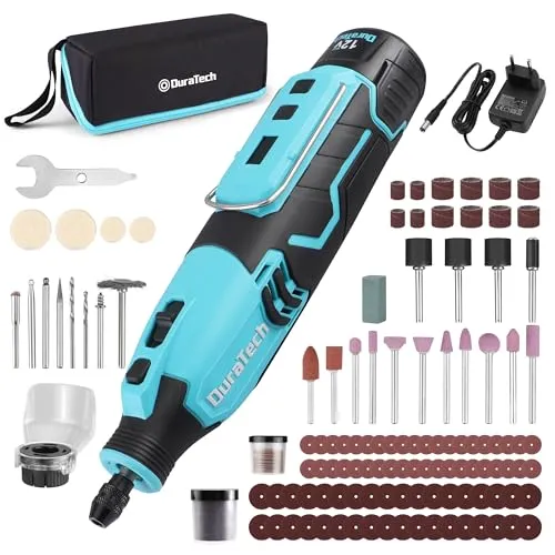 DURATECH 12V Kabellos Drehwerkzeug Set, Multifunktionswerkzeug mit 118 Zubehörteilen, mit 7 einstellbaren Geschwindigkeiten, Aufbewahrungstasche, zum Schneiden, Schleifen, Blau