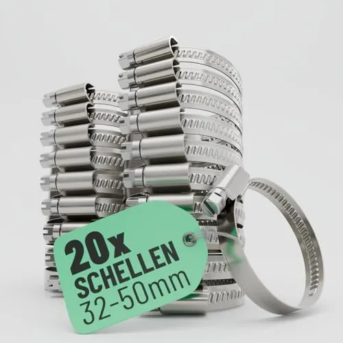 greate 20x Schlauchschellen Edelstahl 32-50 mm - Einstellbare Schlauchschelle mit 9 mm Bandbreite - Rohrschelle rostfrei - Schellen für Pool, Teich, Waschmaschine uvm - Schraubschellen Edelstahl 304