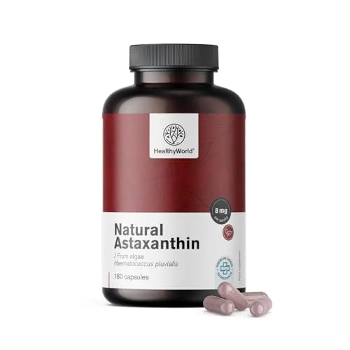 HealthyWorld Natürlicher Astaxanthin – 180 pflanzliche Kapseln Natürliches Carotinoid – 160 mg – 8 mg pro Portion – Aus der Alge Haematococcus pluvialis Starkes Antioxidans – 6-Monats-Vorrat