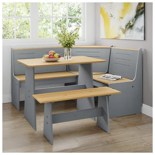 Sitzgruppe Marija Grau 3-teilig im Landhausstil - Sitzgruppe für die Küche mit Esstisch, Eckbank und Sitzbank aus Kiefernholz. Ideal für gemütliche Essbereiche im Landhausstil, einfacher Selbstmontage.