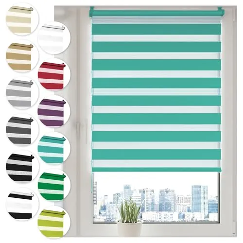 Doppelrollo Klemmfix ohne Bohren 40cm x 150cm Türkis Duo Rollo Klemmrollo Sonnenschutzrollo Fensterrollo für Fenster & Türen Zebrarollo Seitenzugrollo