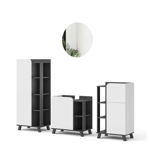 Vicco Badmöbel-Set Karen, Anthrazit/Weiß, 4 Teile - Badmöbel-Set für ein luxuriöses Badezimmer, bietet stilvollen Stauraum und verwandelt Ihr Bad in eine entspannende Wohlfühloase.