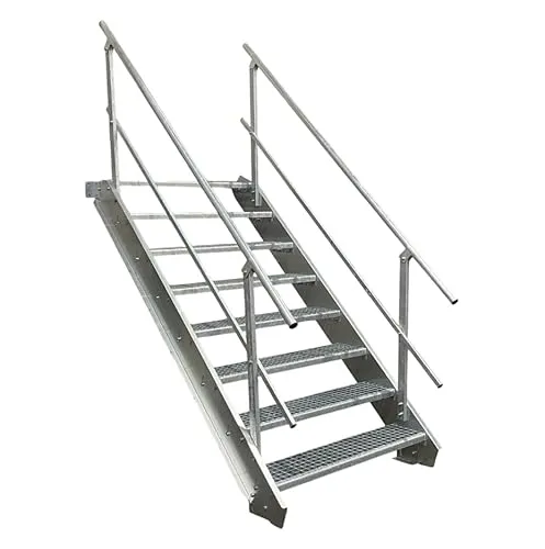 Stufen Stahltreppe mit beidseitigem Geländer/Breite 100 cm Geschosshöhe 120-160cm / Robuste Außentreppe/Wangentreppe/Stabile Industrietreppe für den Außenbereich/Inklusive Zubehör 8