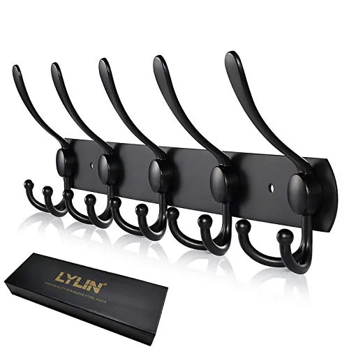 LYLIN kleiderhaken Hakenleiste, Garderobenhaken Edelstahl Rostfrei Handtuchhaken Wandhaken Garderobenleiste Vintage Jackenhalter Wand (Matt Schwarz, 15 Haken, 1Pcs)