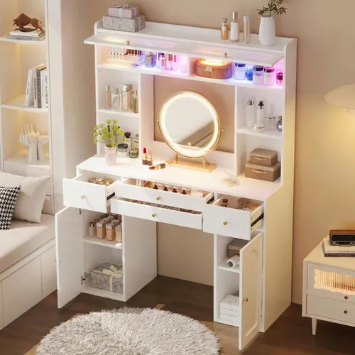 okwish Großer Schminktisch mit Spiegel und LED-Beleuchtung, Weiß