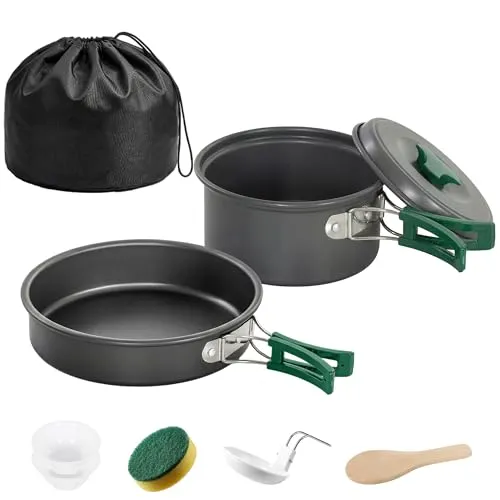 Outsunny Camping Kochgeschirr Set 8-teilig - Vielseitiges 8-teiliges Kochgeschirr Set für 2 Personen, ideal für Camping, Wandern und BBQ. Kompakt und ultraleicht, mit hitzeisolierten Griffen für sichere Handhabung. Schnelle Wärmeleitung für effizientes Kochen unterwegs.