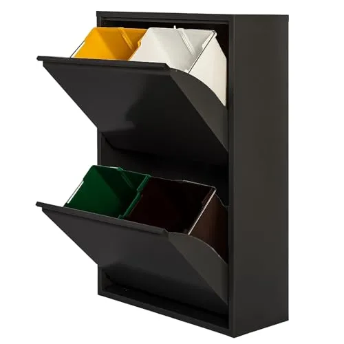 WELL HOME MOBILIARIO & DECORACIÓN Mülleimer mit 4 Fächern - Eleganter Recyclingschrank aus Metall in mattem Schwarz, ideal für sauberes Recycling zu Hause. Mit 4 herausnehmbaren Fächern à 17 l für einfache Reinigung und praktische Nutzung.