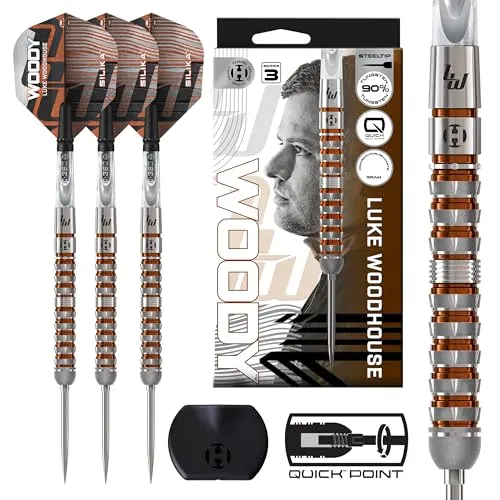 Harrows Luke Woodhouse Woody 90% Tungsten Darts, Serie 3 Steeltip Darts Set mit Quick Point System, erhältlich in 21g, 23g & 25g mit Quick Point Tool, klaren C-360 Shafts & Silika Flights (23g)