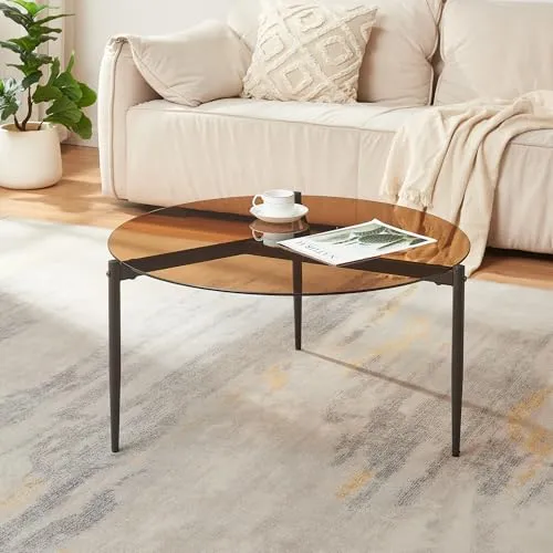 [en.casa] Couchtisch Ulökantaa Wohnzimmertisch mit Glasplatte Ø80 x 40 cm Sofatisch Kaffeetisch Metallgestell Glastisch runde Tischplatte Rauchglas, braun