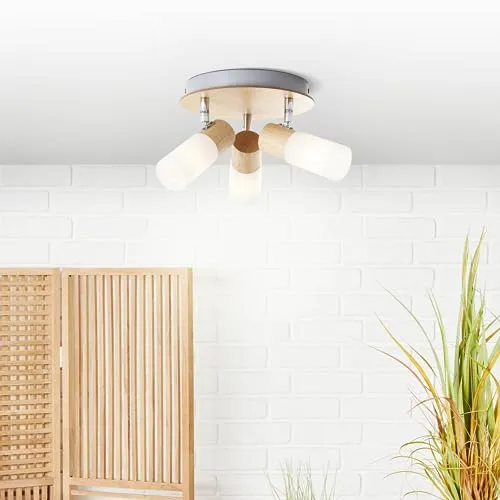 Lightbox 3 flammiges Spotrondell - skandinavischer Decken Strahler mit schwenkbaren Köpfen - 12 cm Höhe - Ø 20 cm - E14 Fassung - max. 3,5 W - aus Metall/Bambus/Kunststoff - in Hell Braun/Weiß