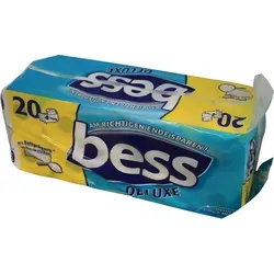 Bess Deluxe Toilettenpapier 4-lagig - 20 Rollen - Erleben Sie Komfort mit dem Bess Deluxe Toilettenpapier! 4-lagig, extra weich und saugfähig – ideal für den täglichen Gebrauch. Praktisches Vorteilspack mit 20 Rollen für mehr Hygiene und Wohlfühlqualität.