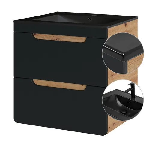 Lomadox Badezimmer Waschtisch Set mit 61 cm Keramik-Waschbecken - Hochwertiger Waschplatz mit seidenmattem anthrazit Unterschrank und Keramikbecken in schwarz, inklusive 2 Softclose-Schubkästen für eleganten Stauraum.