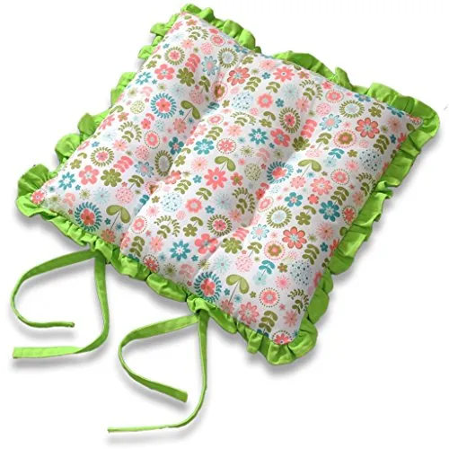 Produktbild Homescapes Sitzkissen 40x40 cm „Retro-Blumen“ grün-rosa – Vintage Stuhlkissen mit Rüschen & Bändern, Wende-Design mit gestreifter Rückseite, waschbar & Oeko-TEX