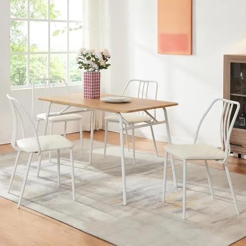 [en.casa] Esstisch mit 4 Stühlen Omso Küchentisch 110 x 70 cm Esszimmertisch rechteckig gepolsterte Esszimmerstühle Kunstleder Essgruppe Metallbeine Eicheoptik/Weiß