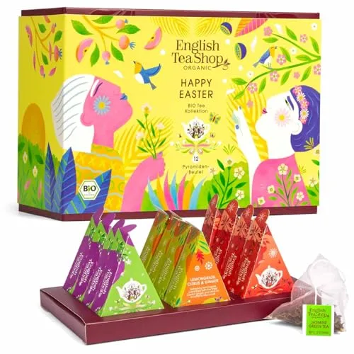 ETS Tee Geschenk Happy Easter | Tee Geschenk Ostern für Frauen Männer Oma Freundin | 3x4 Sorten | BIO | 12 Pyramidenbeutel