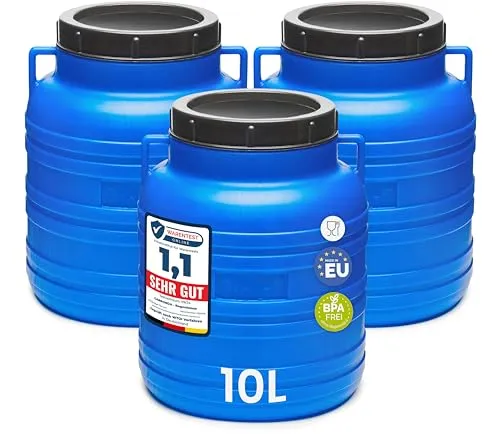 Garronda Set 3x 10 Liter Weithalsfass - BPA-frei und vielseitig einsetzbar - Fässer für Lebensmittel, Futter oder Regenwasser. Hergestellt aus leichtem, ungiftigem HDPE, ideal für Garten, Werkstatt und Hobby. Mit weitem Hals für einfaches Befüllen und Reinigen.