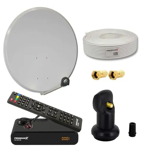 PremiumX Satelliten-Komplettanlage 60cm - FullHD TV SAT Receiver - SAT-Antennen mit wasserdichtem, UV-beständigem Single LNB für ausgezeichneten Empfang bei jedem Wetter. Inklusive 10m Antennen-Kabel und HDMI-Kabel für sofortigen Einsatz.