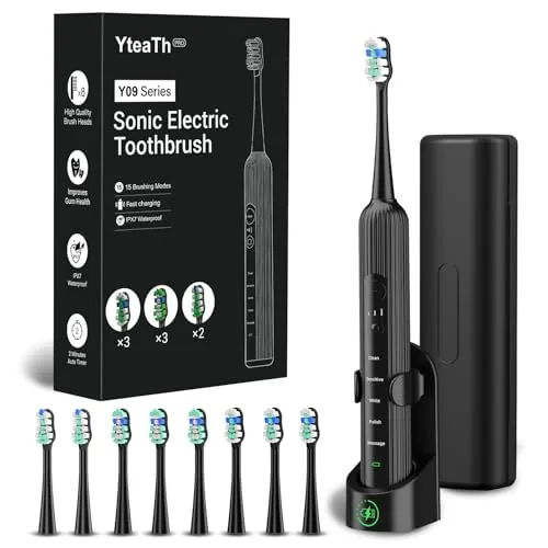 Elektrische Zahnbürste, Schallzahnbürste für Erwachsene und Kinder, Electric Toothbrush mit 5 Putzmodi 3 Intensitätsstufen Integrierter Timer und 8 Zahnbürstenköpfen, Reiseetui, Schwarz