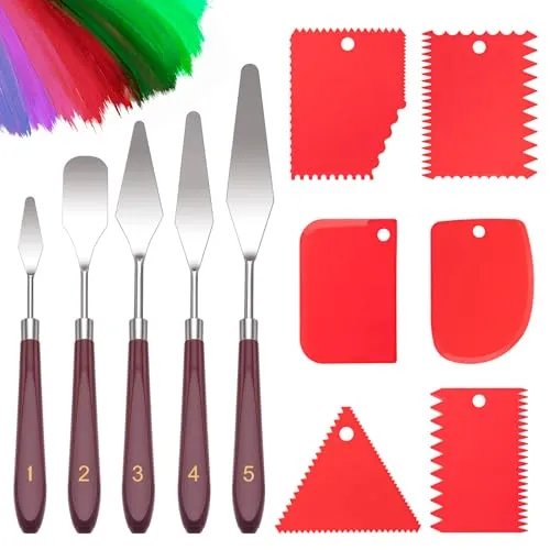 MumdoYAL 11 Stück Strukturpaste Leinwand Set - Malmesser Set mit 5 Palette- und 6 Abstreifermessern, ideal für vielseitige Acrylmalerei und kreative Projekte. Ergonomisches Design für präzises Arbeiten und müheloses Auftragen von Farben.