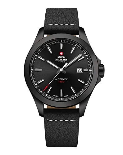 Swiss Military by Chrono Herren Automatik Uhr mit Lederarmband - Hochwertige Herrenarmbanduhr mit präzisem Schweizer Automatikwerk, 100m wasserdicht und stilvollem schwarzen Lederarmband – ideal für jeden Anlass.