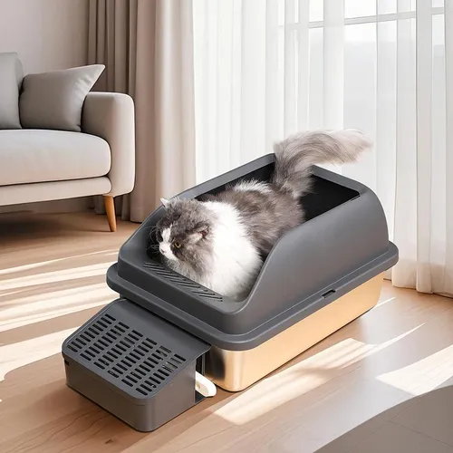 Katzentoilette XXL aus Edelstahl mit Rampe – 62 x 41 x 30 cm, Grau