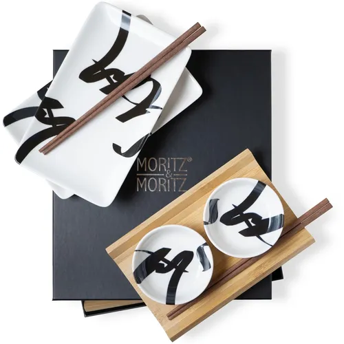 Moritz & Moritz 8-tlg. Sushi Geschirr Set für 2 Personen - Sushiteller Set für 2 Personen, perfekt zum stilvollen Servieren von Sushi und Snacks, inklusive hochwertigem Porzellan und edlem Sandelholz. Ideal für einen gelungenen Sushi Abend!
