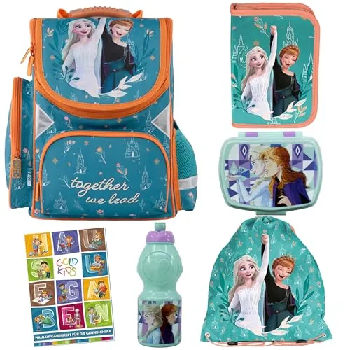 Goldkids - Schulranzen für Jungen und Mädchen, 6er-Set - Schul-Rucksack für Kinder mit Federmäppchen - Schuhbeutel und Hausaufgabenheft - Frozen Motiv - 1-3 Klasse