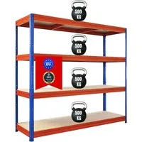 PROREGAL Schwerlastregal Dino HxBxT 180x200x60cm 4 Spanplatten-Ebenen 16mm Fachlast 500kg Blau/Orange