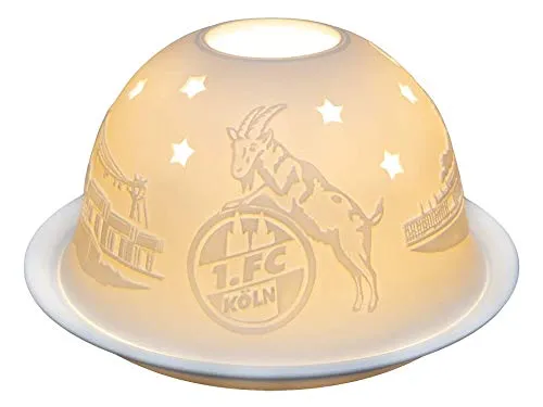 1. FC Köln Windlicht aus Porzellan | Teelichthalter mit Kölner Dom & Skyline | Offizieller Fanartikel mit Logo & Geißbock | Geschenk für FC-Fans | Deko für Teelicht & LED