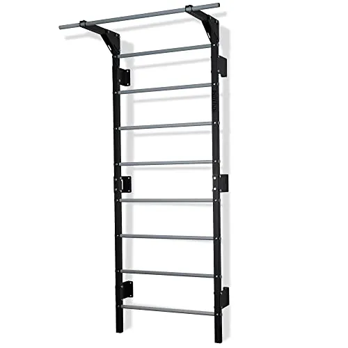 Sprossenwand mit Klimmzugstange Pull Up Bar Turngeräte Fitness Turnwand Klettergerüst bis 250kg Kletterwand Gym Sportgerät für Erwachsene Heim Turnhalle (Schwarz-Grau - mit Klimmzugstange)