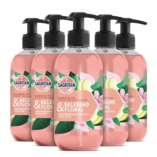 Sagrotan Hygieneseife Belebend und Floral – Feuchtigkeitsspendende Flüssigseife mit floralem Duf – 5 x 300 ml Handseife