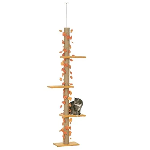 PawHut Kratzbaum, Spielturm für Katzen, Höhe verstellbar 202-242 cm, dekorative Blätter, Kratzbaum und Plattformen, Katzenbaum aus Plüschstoff, Orange