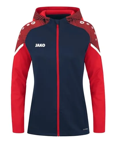 JAKO Damen Kapuzenjacke Performance, Marine/Rot, Größe 44 - Funktionsjacken aus 100% recyceltem Polyester, mit praktischen Reißverschlusstaschen und stylishem Jacquard-Schultereinsatz für optimalen Komfort und Nachhaltigkeit.