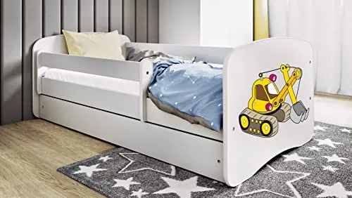 Bjird Kinderbett Jugendbett 70x140 80x160 80x180 cm Weiß mit Rausfallschutz Schublade und Lattenrost Kinderbetten für Mädchen und Junge - Bagger 160 cm