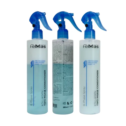 FemMas Bi-Phase Spray Kollagen 3 x 320 ml - 2-Phasen Conditioner - Für alle Haartypen: Nährendes Leave-In Spray mit Arganöl für geschmeidiges, frizzfreies Haar. Ideal zur Unterstützung der täglichen Haarpflege und für einen glänzenden Look.